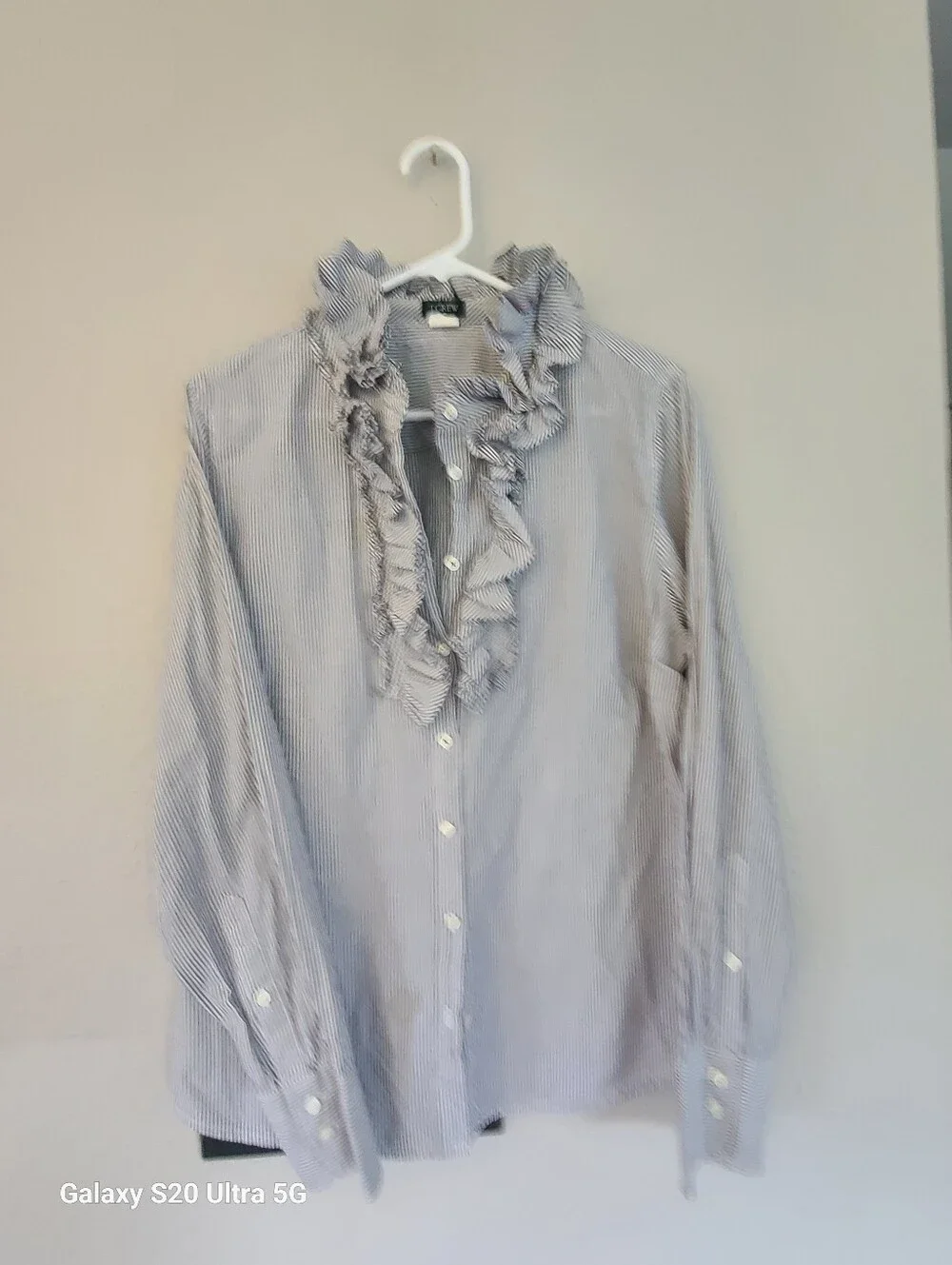 J. Crew Blue and White Striped Ruffle Button-Down Blouse